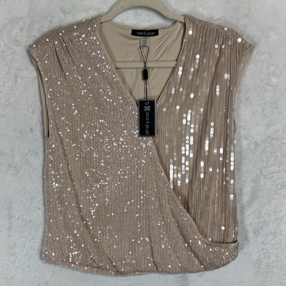 NWT Cable & Gauge Champagne Sequin Faux Wrap Top Size Small Sparkly Neutral Glam - Picture 6 of 15